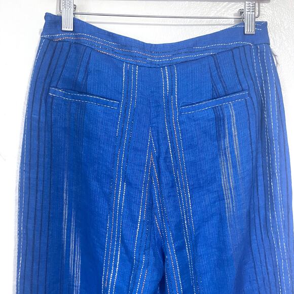 AMUR Leah Striped Linen Side Tie Stright Leg Pant in Blue Size 6 - Picture 9 of 16